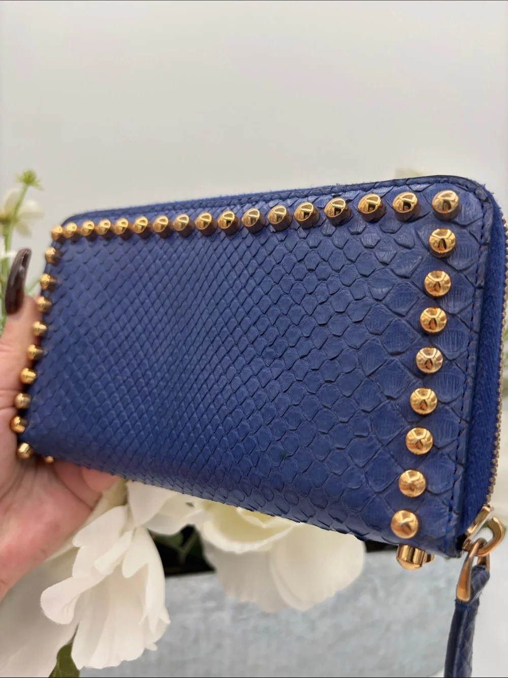 Fendi Karlito Blue Python Snakeskin Studded Zip Wallet Rare Colorway✨✨ W/ COA